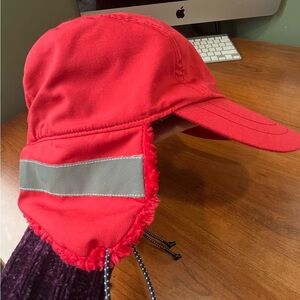 American Eagle Red Trappers Hat Fleece Lining Ear Flaps Warm Reflective Tape